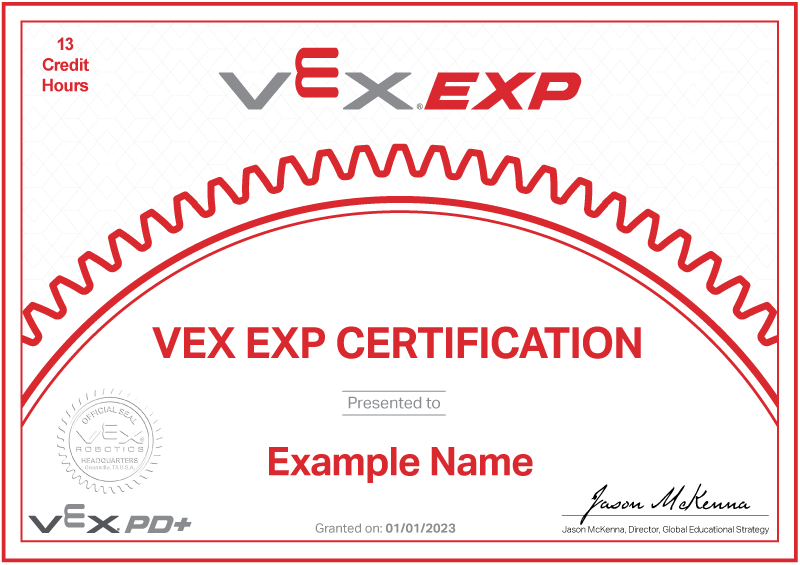 Κενό πιστοποιητικό VEX EXP που αναφέρει την πιστοποίηση VEX EXP που παρουσιάζεται στο όνομα παραδείγματος.