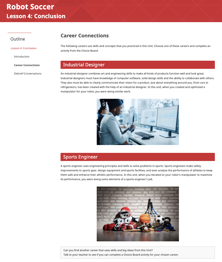 Στιγμιότυπο οθόνης της ενότητας Career Connections ενός μαθήματος EXP STEM Lab, για να απεικονίσει την τυπική μορφή μιας σελίδας Career Connections στο Συμπερασματικό Μάθημα.