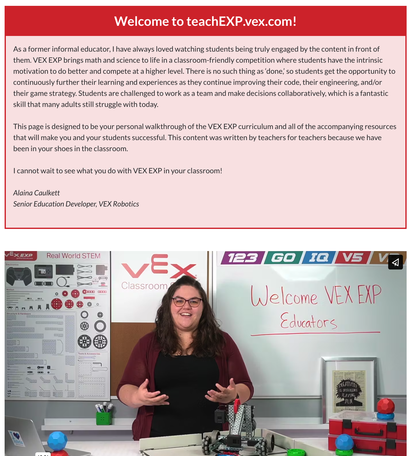 Στιγμιότυπο οθόνης του άρθρου EXP Educators Start Here VEX Library, με ένα μήνυμα καλωσορίσματος παραπάνω και μια επισκόπηση βίντεο παρακάτω.