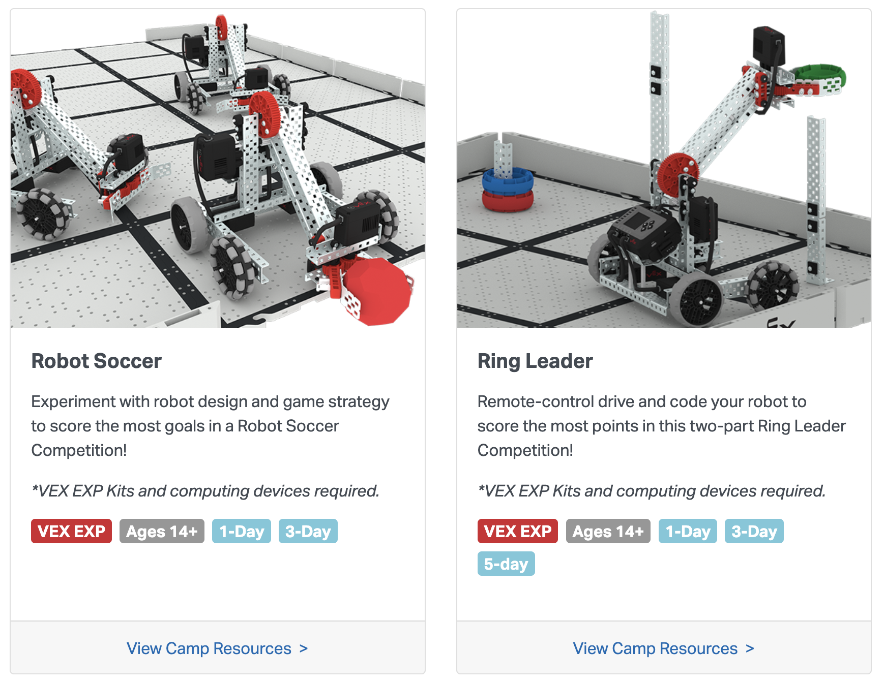 Δύο πλακίδια VEX EXP Camp, το ένα με όνομα Robot Soccer και το άλλο με όνομα Ring Leader.