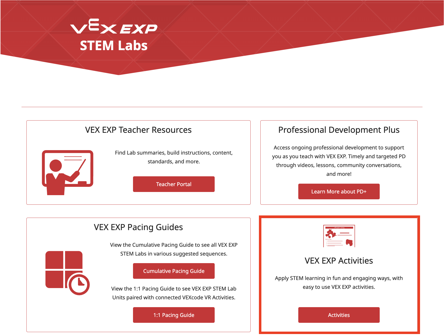 Ο σύνδεσμος VEX EXP Activities στο επάνω μέρος της σελίδας STEM Labs εμφανίζεται και επισημαίνεται.