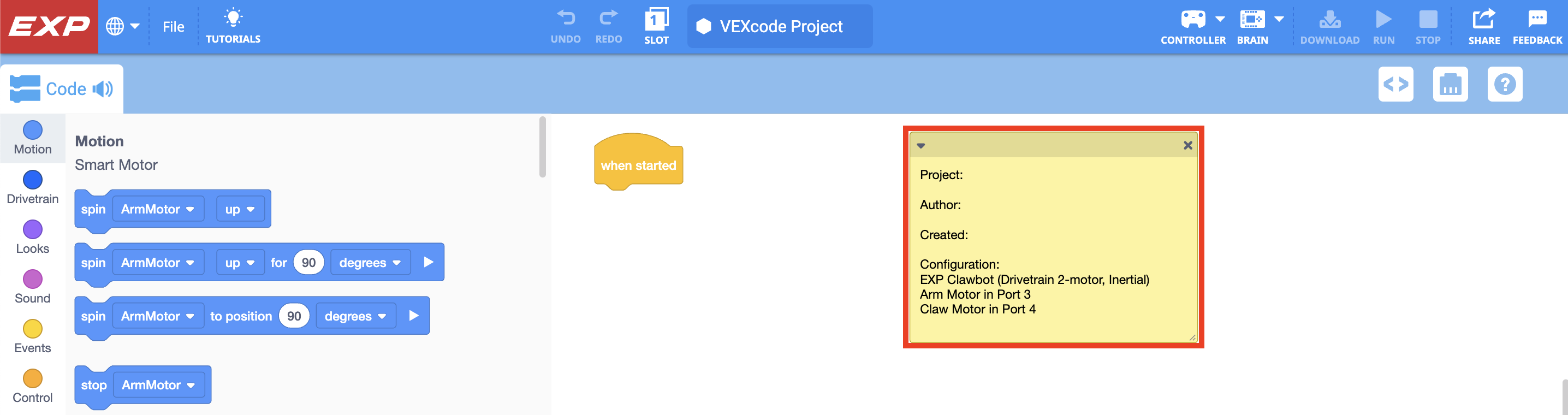 VEXcode EXP με ανοιχτό ένα παράδειγμα έργου προτύπου και με επισημασμένη την περιγραφή του. Αυτό το πρότυπο χρησιμοποιεί πολλαπλές συσκευές και κάθε συσκευή παρατίθεται στην ενότητα Ρύθμιση παραμέτρων της σημείωσης.