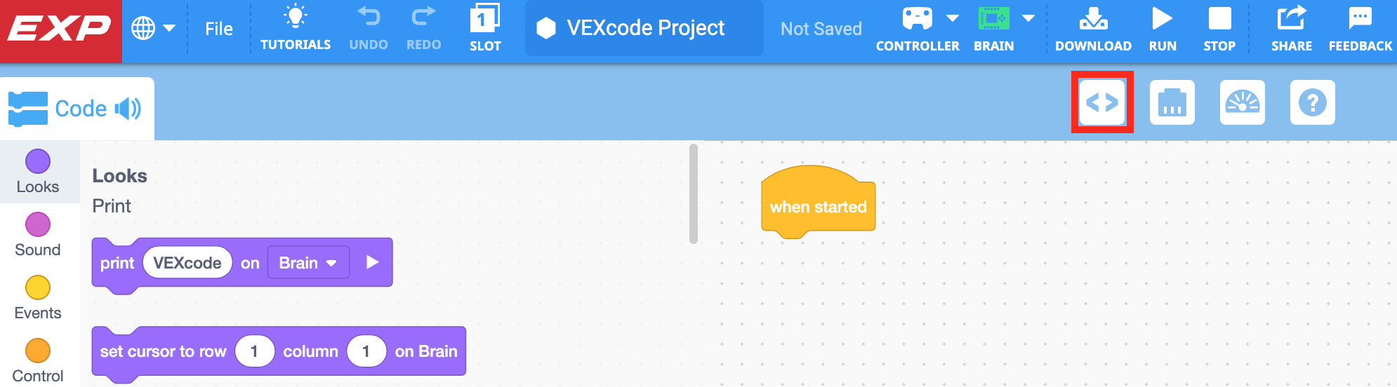 Γραμμή εργαλείων VEXcode EXP με το εικονίδιο Προβολής Κώδικα επισημασμένο στα αριστερά του εικονιδίου Συσκευές.
