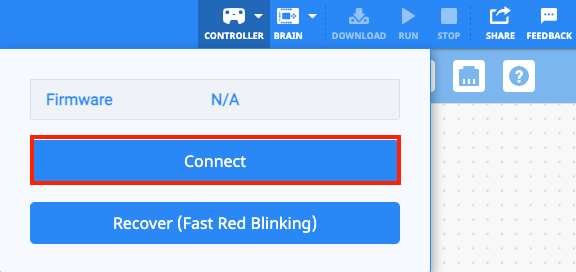 VEXcode EXP με ένα λευκό εικονίδιο Ελεγκτή στη Γραμμή Εργαλείων, που υποδεικνύει ότι δεν υπάρχει συνδεδεμένος Ελεγκτής. Το αναπτυσσόμενο μενού Ελεγκτής είναι ανοιχτό και το κουμπί Σύνδεση είναι επισημασμένο.