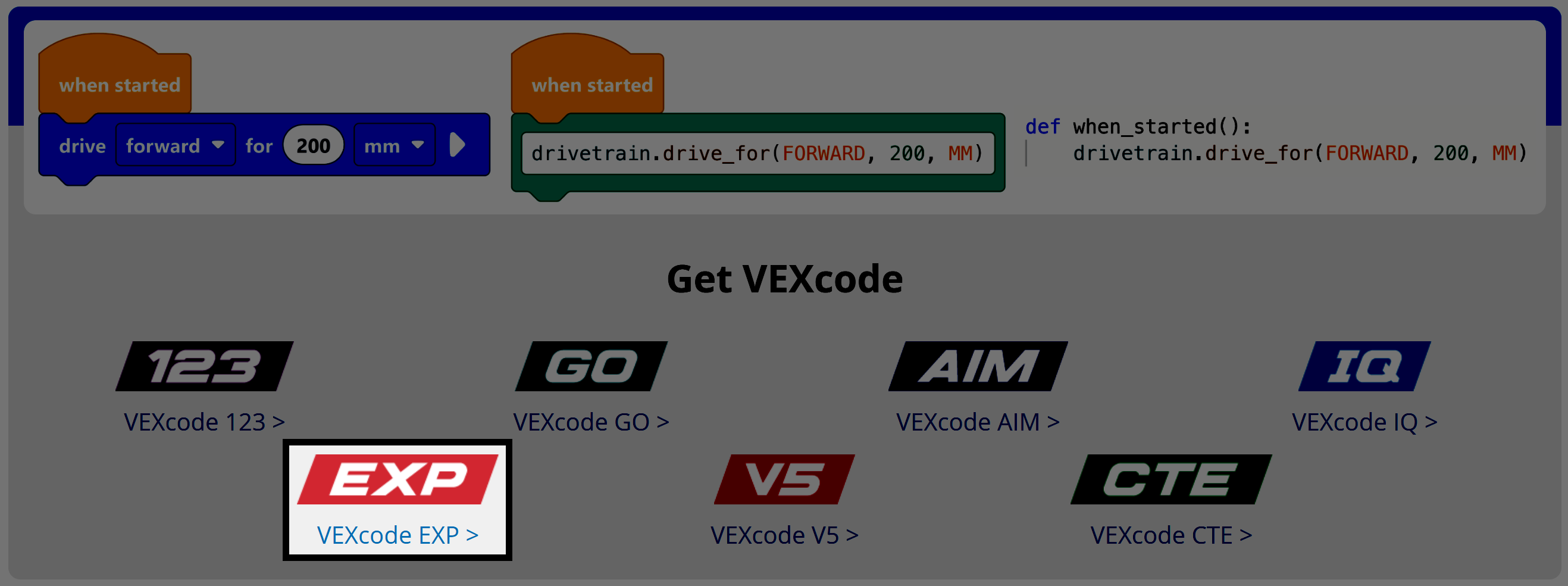 Αποκτήστε την ενότητα VEXcode της σελίδας VEXcode, με έναν επισημασμένο σύνδεσμο για λήψη του VEXcode EXP.