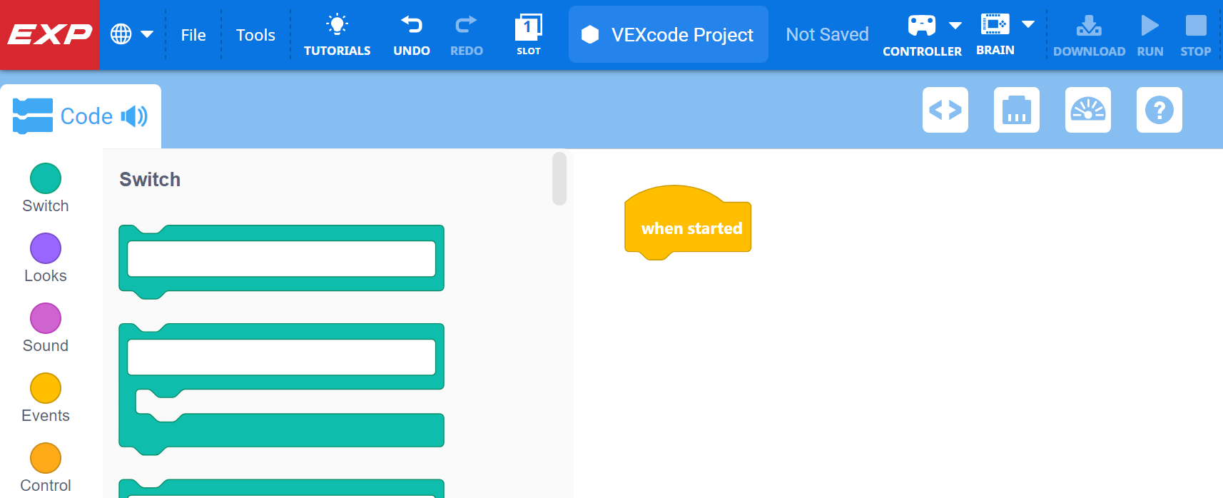 Η εφαρμογή VEXcode EXP εγκαταστάθηκε και άνοιξε στα Windows.