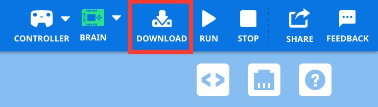 Γραμμή εργαλείων VEXcode EXP με το εικονίδιο Λήψης επισημασμένο ανάμεσα στα εικονίδια Brain και Run.