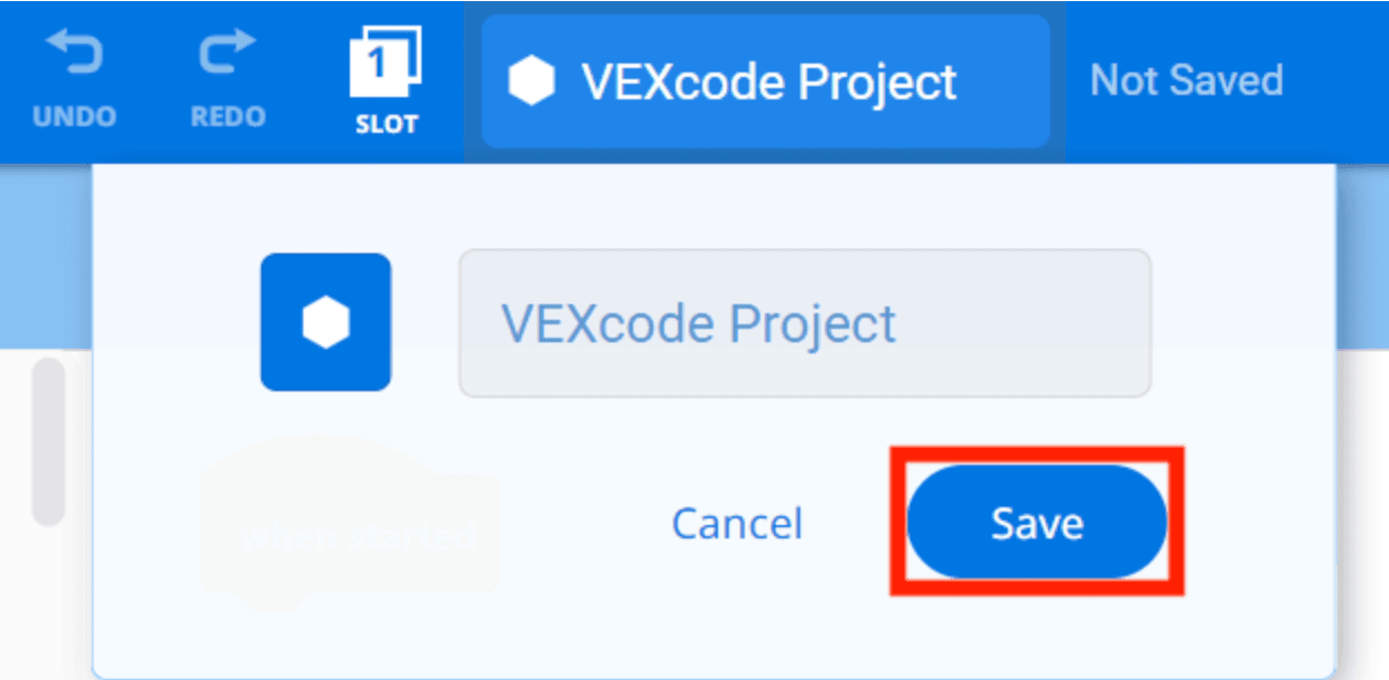 Άνοιξε το αναπτυσσόμενο μενού Όνομα έργου VEXcode EXP όπου μπορείτε να αλλάξετε το όνομα. Το κουμπί Αποθήκευση παρακάτω είναι επισημασμένο.