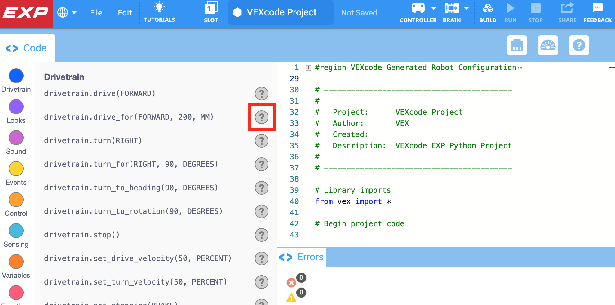 Εργαλειοθήκη Python VEXcode EXP με το εικονίδιο Βοήθειας επισημασμένο δίπλα στην εντολή Drive for.