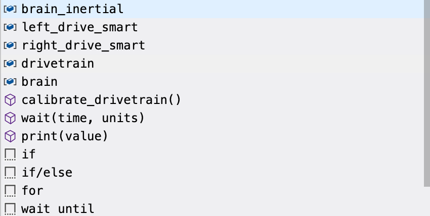 VEXcode EXP Python Workspace με αναπτυσσόμενο μενού όλων των προτεινόμενων εντολών.