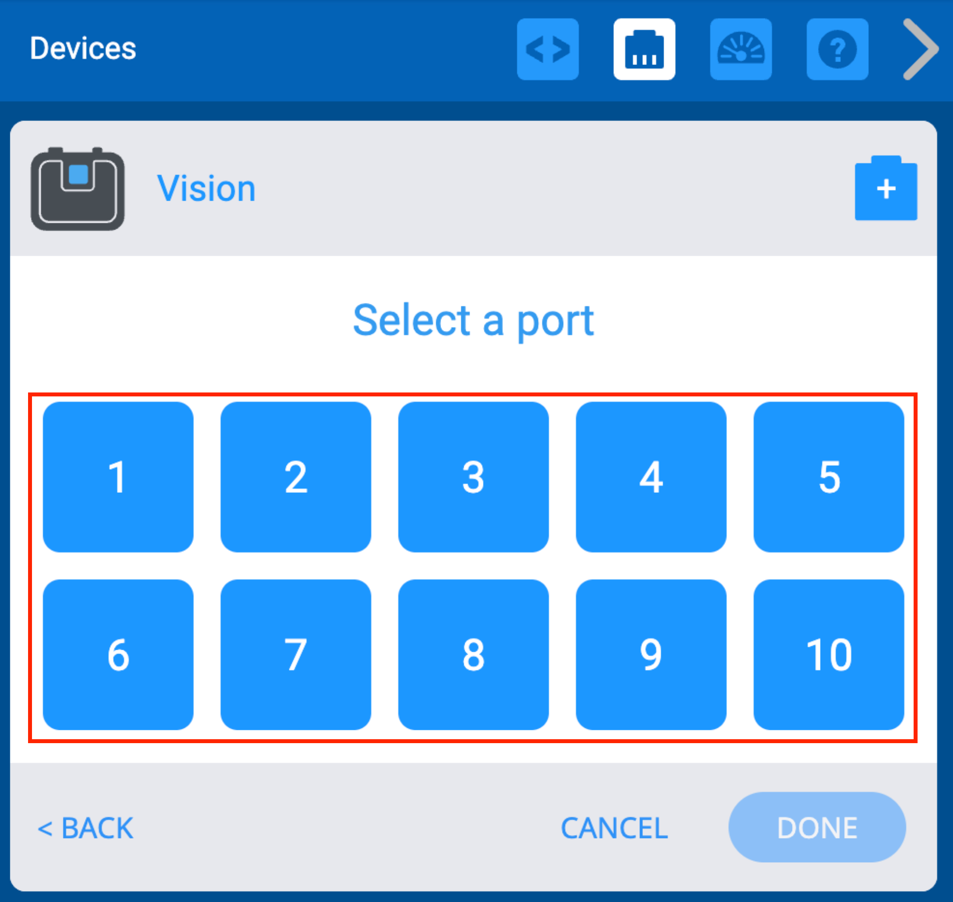 VEXcode EXP Επιλέξτε ένα μενού Θύρας όπου μπορεί να επιλεγεί η συγκεκριμένη θύρα για τον Αισθητήρα Όρασης.