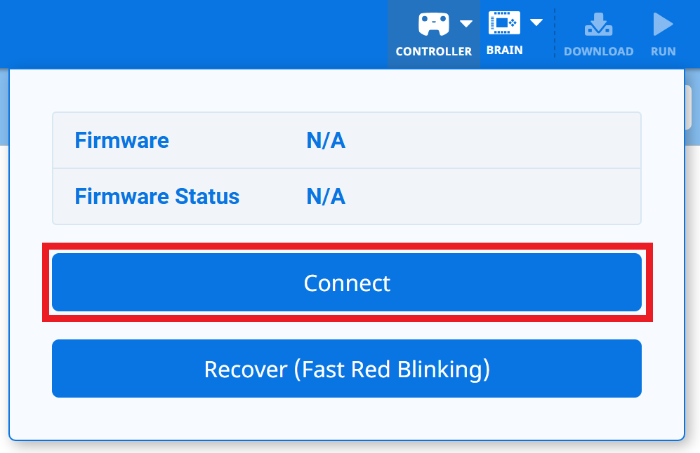 VEXcode EXP με ένα λευκό εικονίδιο Ελεγκτή στη Γραμμή Εργαλείων, που υποδεικνύει ότι δεν υπάρχει συνδεδεμένος Ελεγκτής. Το αναπτυσσόμενο μενού Ελεγκτής είναι ανοιχτό και το κουμπί Σύνδεση είναι επισημασμένο.