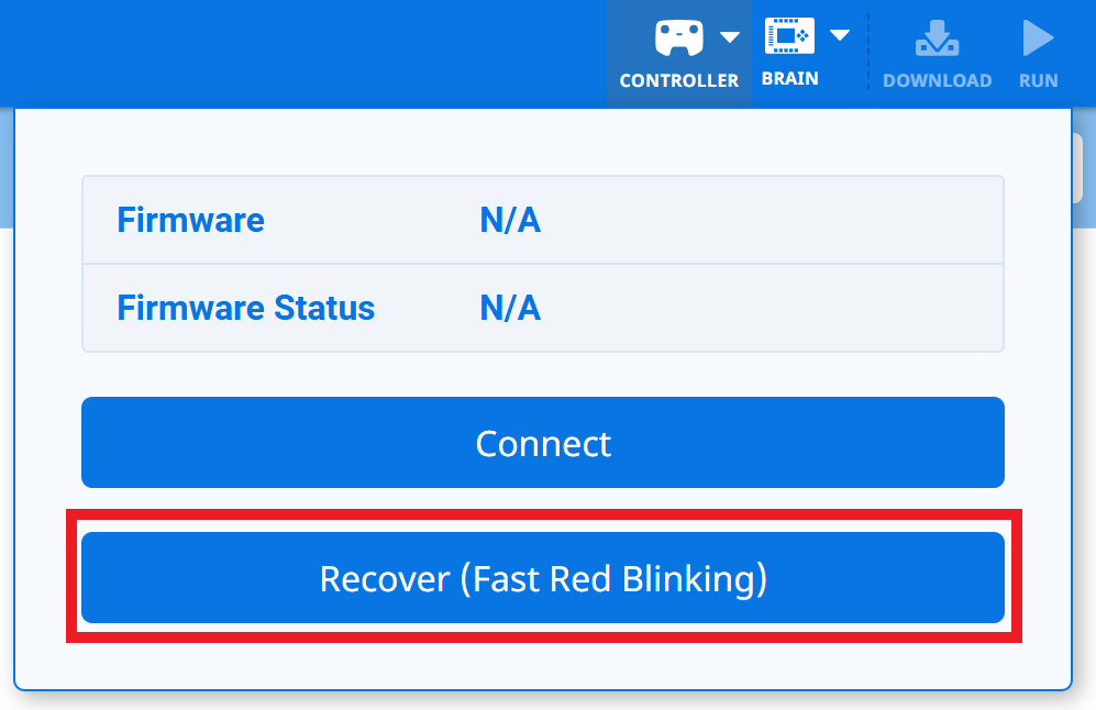 VEXcode EXP με ένα λευκό εικονίδιο Ελεγκτή στη Γραμμή Εργαλείων, που υποδεικνύει ότι δεν υπάρχει συνδεδεμένος Ελεγκτής. Το αναπτυσσόμενο μενού Ελεγκτής είναι ανοιχτό και το κουμπί Ανάκτηση (Γρήγορο κόκκινο που αναβοσβήνει) είναι επισημασμένο.
