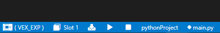 Γραμμή εργαλείων VS Code με εικονίδια επέκτασης VEX που μπορούν να χρησιμοποιηθούν για γρήγορη αλληλεπίδραση με συνδεδεμένες συσκευές και έργα VEX. Οι λειτουργίες του VEX περιλαμβάνουν τον Επιλογέα Συσκευής, τον Επιλογέα Θέσης, το εικονίδιο Δημιουργία & Λήψη, το εικονίδιο Αναπαραγωγή, το εικονίδιο Διακοπή, τον Επιλογέα Έργου και τον Επιλογέα Αρχείων Python.