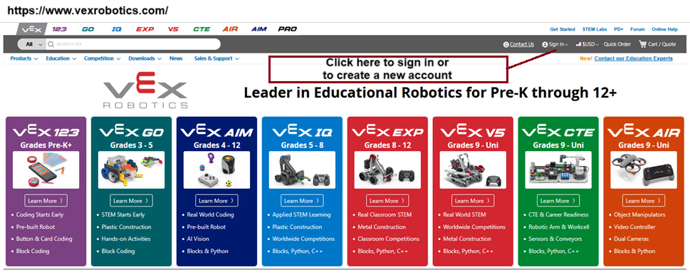 Αρχική σελίδα της VEX Robotics με την επιλογή Σύνδεση στη δεξιά πλευρά της γραμμής εργαλείων επισημασμένη και υποδεικνυόμενη να κάνετε κλικ εδώ για να συνδεθείτε ή να δημιουργήσετε έναν νέο λογαριασμό.