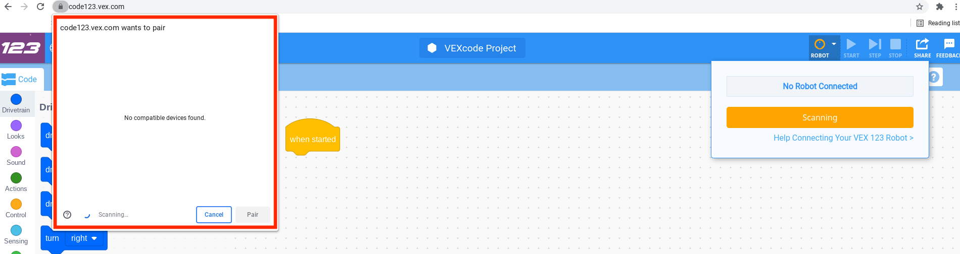 Η διεπαφή VEXcode 123 δεν εμφανίζει ανιχνεύσιμες ή συνδεδεμένες συσκευές στη λίστα Bluetooth στο Chromebook