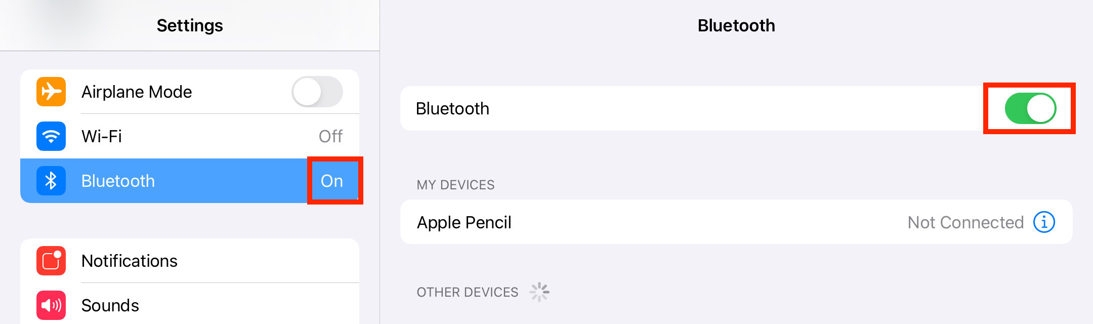 Οι ίδιες ρυθμίσεις Bluetooth, τώρα εμφανίζεται το Bluetooth όπως ενεργοποιημένο στα αριστερά, και ο διακόπτης ενεργοποιημένος και πράσινος στα δεξιά.