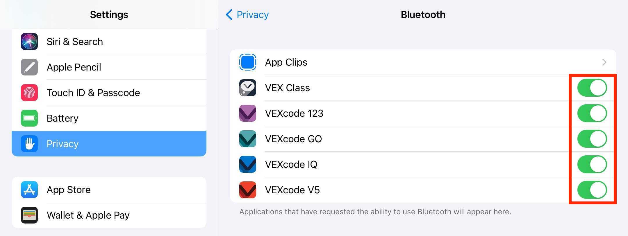 Ρυθμίσεις Bluetooth iOS και έλεγχοι απορρήτου για την αντιμετώπιση προβλημάτων σύνδεσης συσκευής VEX