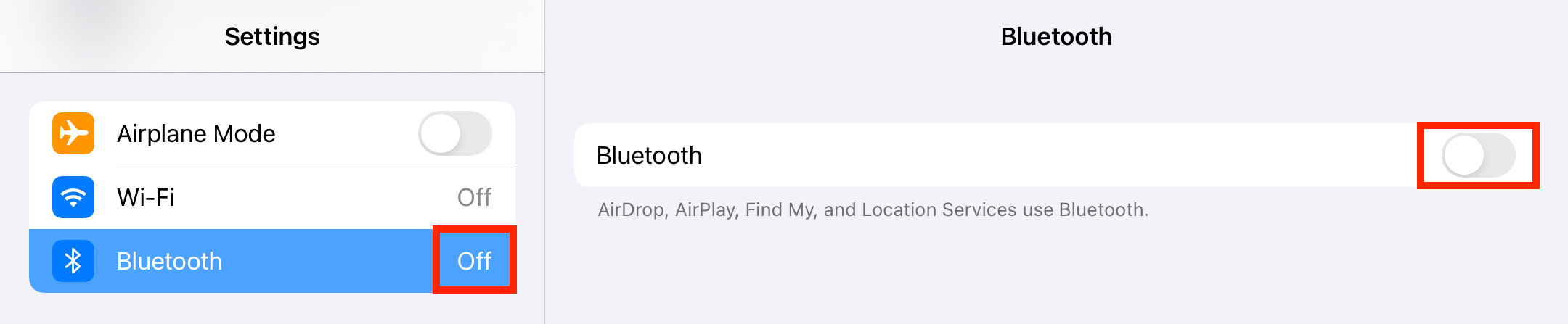 Η ένδειξη Bluetooth απενεργοποιήθηκε στο iOS εμφανίζεται στα αριστερά, με την εναλλαγή για την ενεργοποίησή της να επισημαίνεται στα δεξιά στις ρυθμίσεις Bluetooth.