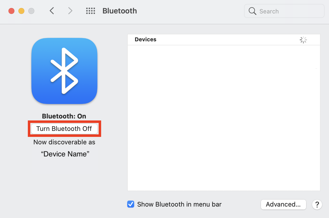 Εικονίδιο κουμπιού απενεργοποίησης Bluetooth στις ρυθμίσεις Bluetooth σε macOS