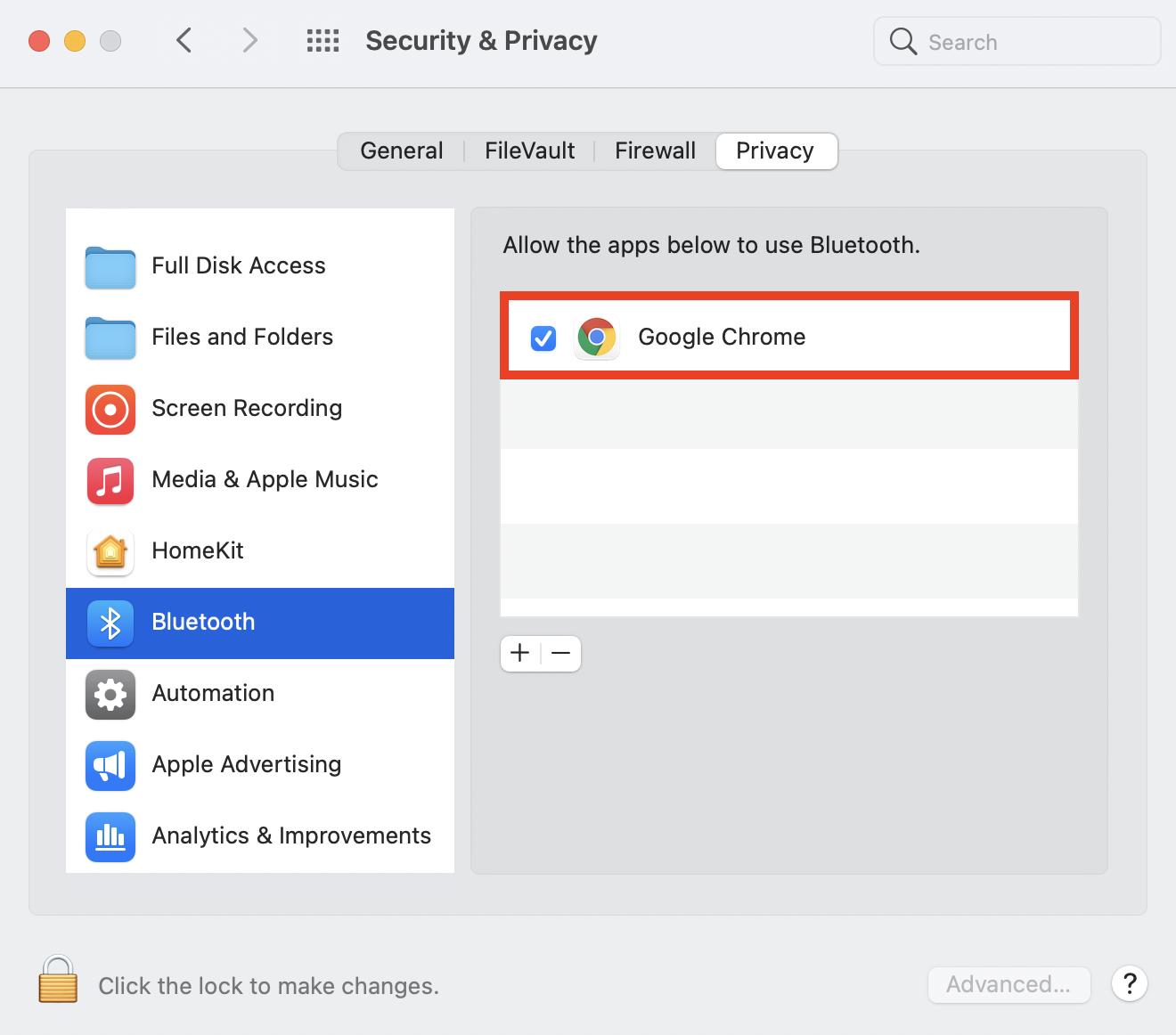 Η ίδια εικόνα, με την επιλογή Google Chrome που αναφέρεται στα δεξιά να είναι απενεργοποιημένη.