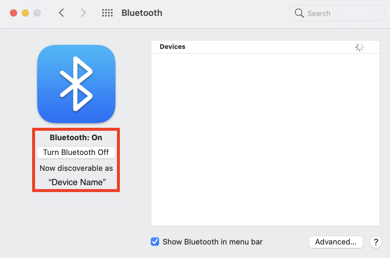 Οι ρυθμίσεις Bluetooth είναι ενεργοποιημένες στο macOS με την ενότητα κατάστασης επισημασμένη.