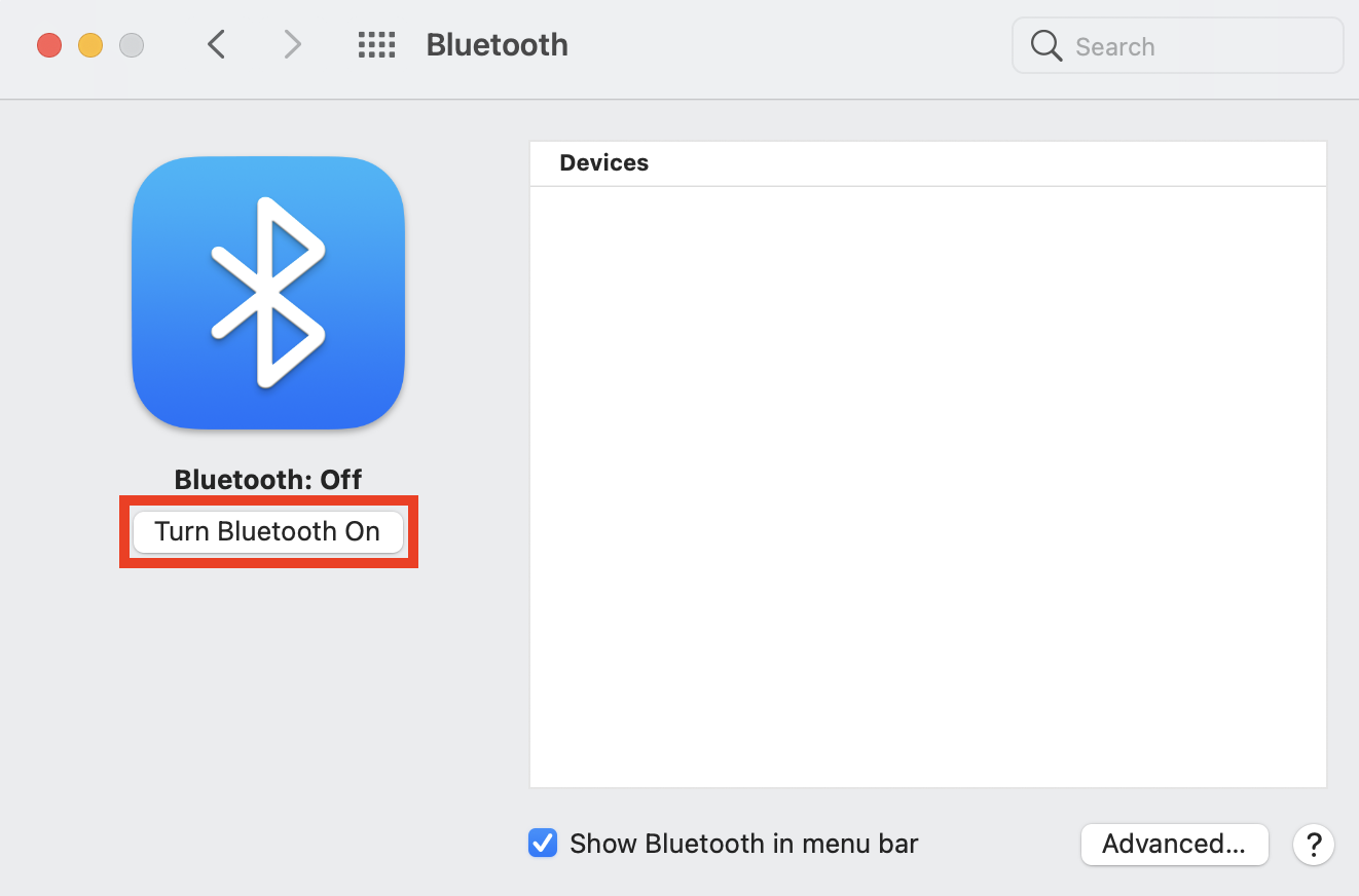 Κουμπί ενεργοποίησης Bluetooth στις ρυθμίσεις Bluetooth στο macOS
