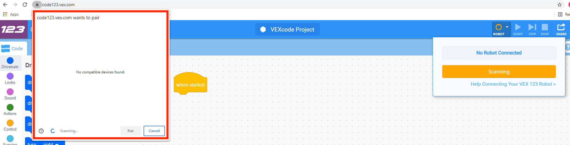Η διεπαφή VEXcode 123 είναι κενή με τη λίστα συσκευών Bluetooth, υποδεικνύοντας ότι δεν υπάρχουν συνδεδεμένες ή διαθέσιμες συσκευές.
