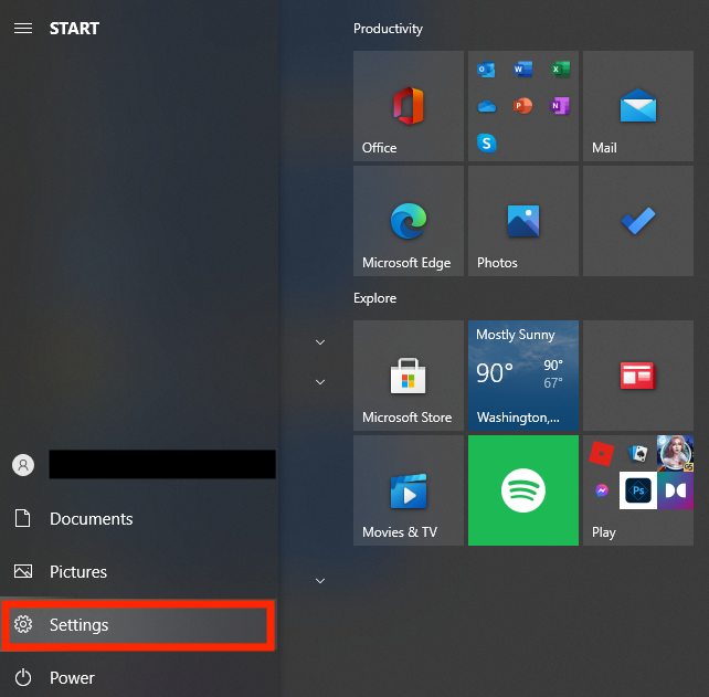 Μενού χρήστη των Windows με επισημασμένη την επιλογή Ρυθμίσεις στην κάτω αριστερή γωνία.