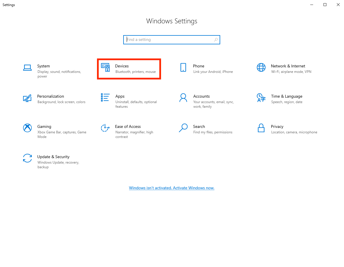 Μενού Ρυθμίσεις των Windows με την επιλογή Συσκευές επισημασμένη στην επάνω σειρά.