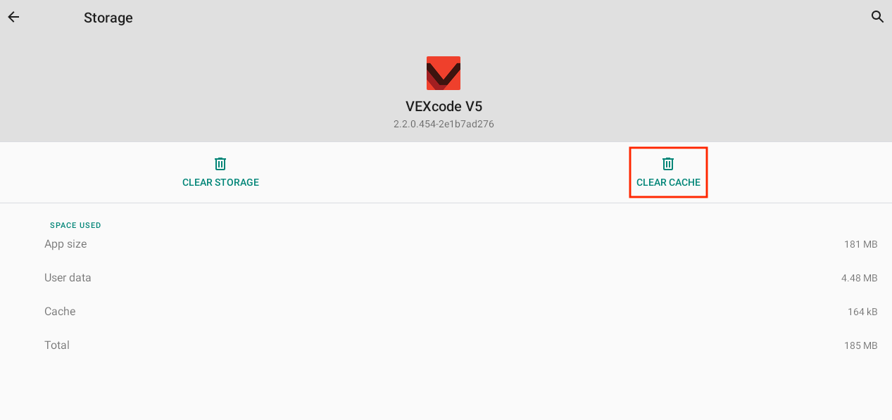 Μενού αποθήκευσης Android που εμφανίζει την επιλογή εκκαθάρισης της προσωρινής μνήμης της εφαρμογής Bluetooth για το VEXcode V5 στη δεξιά πλευρά με ένα εικονίδιο κάδου απορριμμάτων