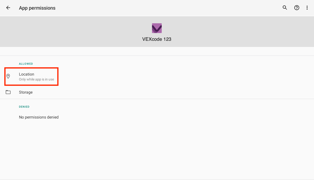 Ρυθμίσεις δικαιωμάτων τοποθεσίας Android για VEXcode 123