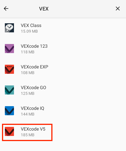 Η ίδια εικόνα με τον κωδικό VEXcode V5 στο κάτω μέρος της λίστας επισημασμένο.