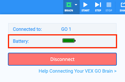 VEXcode GO με ανοιχτό το μενού Brain και επισημασμένο ένα πράσινο εικονίδιο μπαταρίας. Αυτό δείχνει ότι ο συνδεδεμένος εγκέφαλος έχει μια μπαταρία που είναι πλήρως φορτισμένη.
