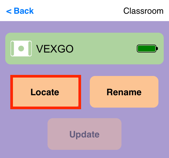 Η εφαρμογή VEX Classroom με ανοιχτό το μενού ενός ρομπότ GO και επισημασμένο το κουμπί «Εντοπισμός» στα αριστερά.
