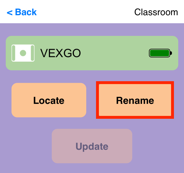 Η εφαρμογή VEX Classroom με το μενού ενός ρομπότ GO άνοιξε και το κουμπί «Μετονομασία» στα αριστερά επισημάνθηκε.