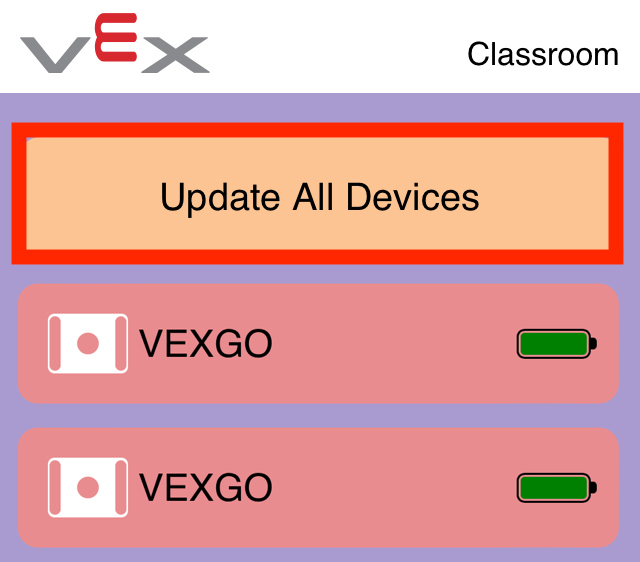 Εφαρμογή VEX Classroom με δύο συνδεδεμένα ρομπότ GO στη λίστα και το κουμπί «Ενημέρωση όλων των συσκευών» στο επάνω μέρος επισημασμένο.