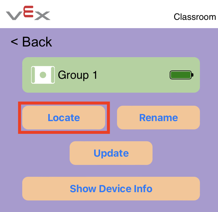 Η εφαρμογή VEX Classroom με το μενού του GO Brain άνοιξε και το κουμπί «Εντοπισμός» στα αριστερά επισημάνθηκε.