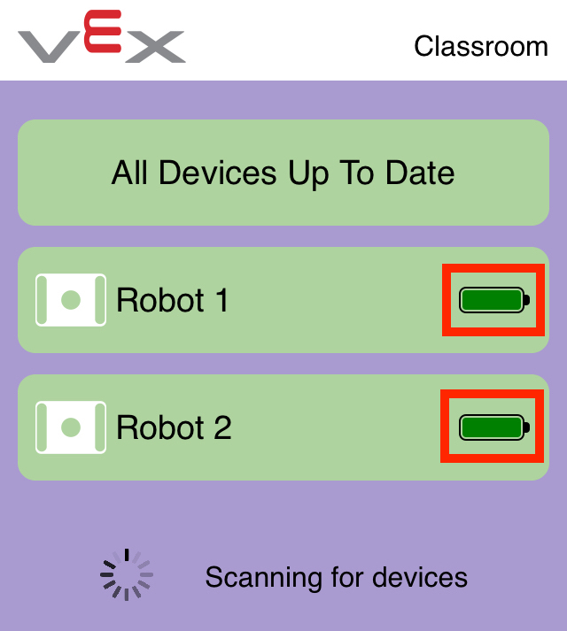 Εφαρμογή VEX Classroom με δύο συνδεδεμένους εγκεφάλους GO που εμφανίζονται σε λίστα. Το εικονίδιο μπαταρίας κάθε εγκεφάλου στα δεξιά του ονόματός του είναι επισημασμένο.
