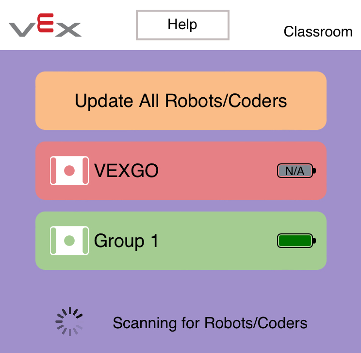 Εφαρμογή VEX Classroom με δύο συνδεδεμένους GO Brains σε μια λίστα. Ένα GO Brain εμφανίζεται με κόκκινο χρώμα, υποδεικνύοντας ότι το υλικολογισμικό του χρειάζεται ενημέρωση.