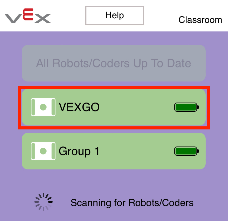 Εφαρμογή VEX Classroom με δύο συνδεδεμένους GO Brains σε μια λίστα. Ένας εγκέφαλος GO επισημαίνεται, υποδεικνύοντας ότι μπορεί να μετονομαστεί επιλέγοντάς τον.
