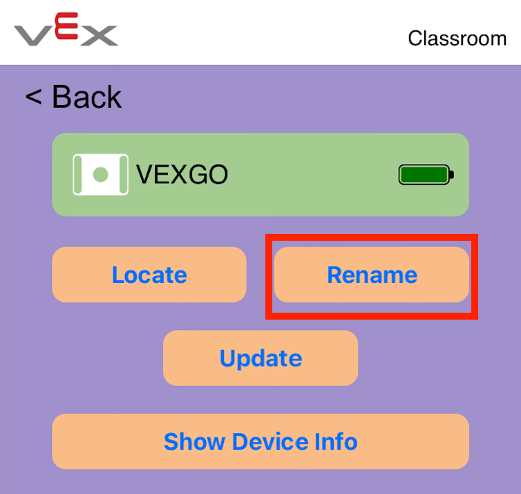 Η εφαρμογή VEX Classroom με ανοιχτό το μενού του GO Brain και επισημασμένο το κουμπί «Μετονομασία» στα δεξιά.