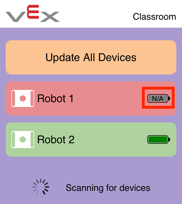 Εφαρμογή VEX Classroom με δύο συνδεδεμένους GO Brains σε μια λίστα. Ένα GO Brain εμφανίζεται με κόκκινο χρώμα, υποδεικνύοντας ότι το υλικολογισμικό του χρειάζεται ενημέρωση.