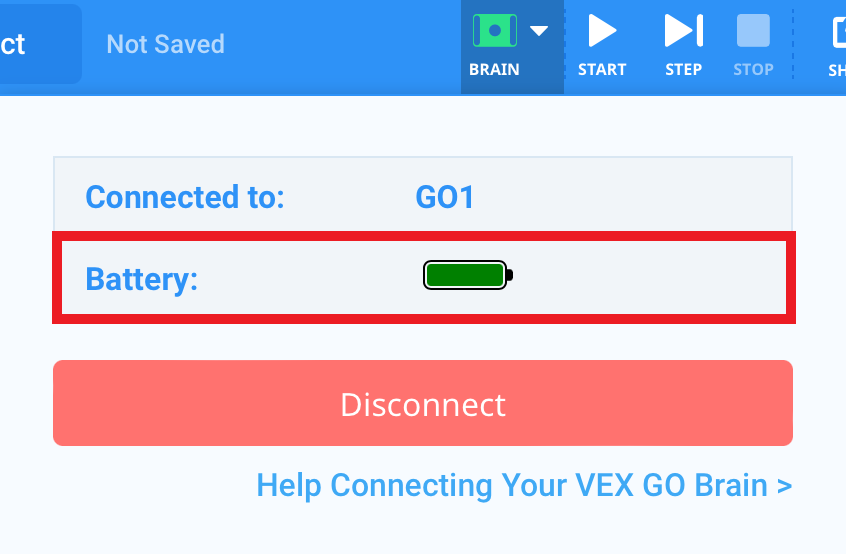 Άνοιξε το αναπτυσσόμενο μενού VEXcode GO με συνδεδεμένο Brain και το Brain. Το εικονίδιο ένδειξης μπαταρίας είναι επισημασμένο.