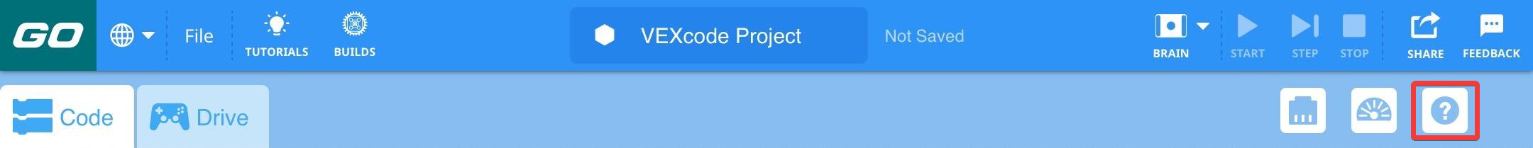 Γραμμή εργαλείων VEXcode GO με το εικονίδιο Βοήθειας επισημασμένο στα δεξιά του εικονιδίου Οθόνης.