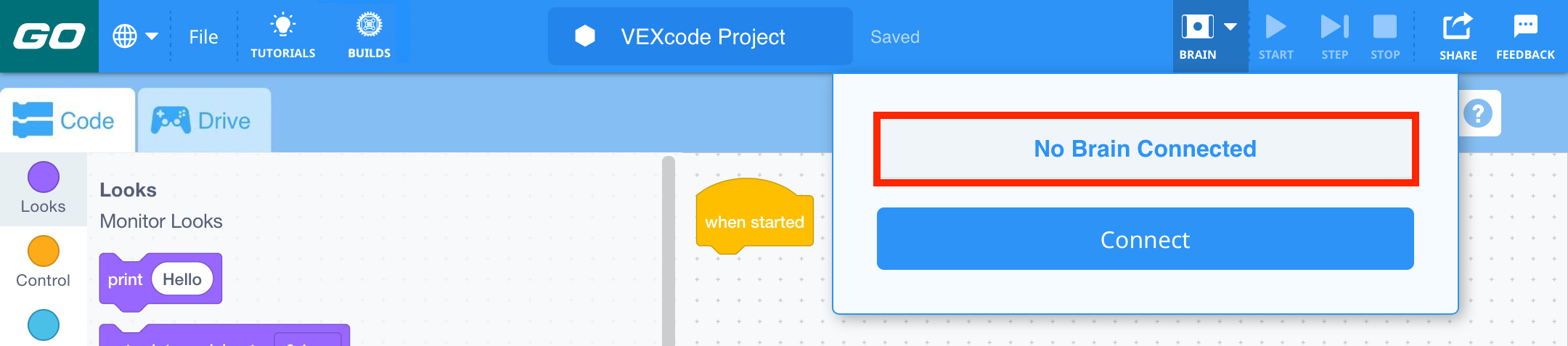 Το VEXcode GO χωρίς συνδεδεμένο Brain και το αναπτυσσόμενο μενού Brain άνοιξαν. Το μενού έχει ένα μήνυμα που είναι επισημασμένο και αναφέρει "Δεν υπάρχει σύνδεση εγκεφάλου".