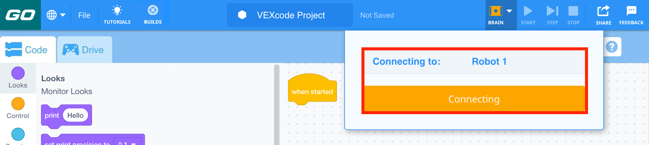 Χρησιμοποιήστε το VEXcode GO με ένα πορτοκαλί εικονίδιο εγκεφάλου στη γραμμή εργαλείων για να υποδείξετε ότι συνδέεται.