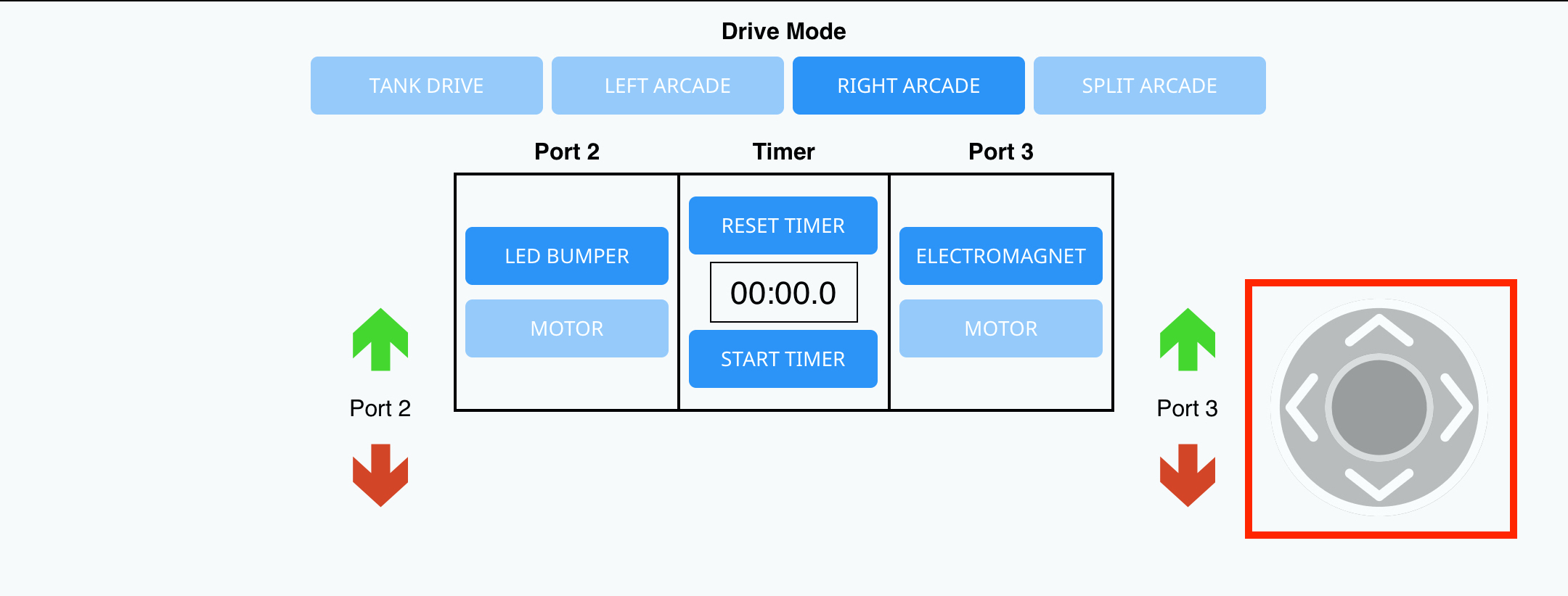 Καρτέλα Drive (Οδήγηση) στο VEXcode GO με επιλεγμένη την επιλογή Right Arcade (Δεξί Arcade) και επισημασμένο το δεξί κουμπί joystick. Το αριστερό joystick δεν είναι διαθέσιμο ούτε χρησιμοποιείται σε αυτήν τη λειτουργία οδήγησης.