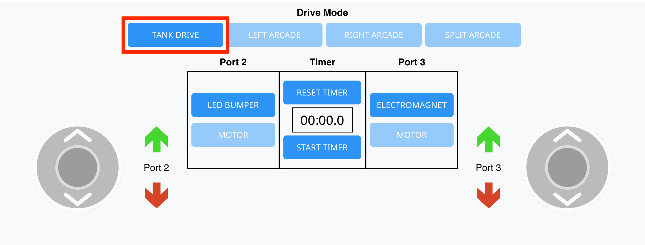 Καρτέλα Drive (Οδήγηση) στο VEXcode GO με το κουμπί Tank Drive (Οδήγηση Δεξαμενής) επισημασμένο στην ενότητα Drive Mode (Λειτουργία Οδήγησης).
