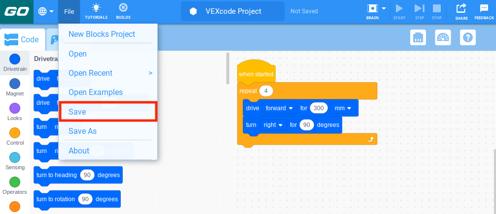Γραμμή εργαλείων VEXcode GO με ανοιχτό το μενού Αρχείο και επισημασμένη την επιλογή Αποθήκευση. Η Αποθήκευση είναι η πέμπτη επιλογή στο μενού, κάτω από τα Νέα Μπλοκ Έργου, Άνοιγμα, Άνοιγμα Πρόσφατων και Άνοιγμα Παραδειγμάτων.